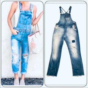 Hidden blue Y2K inspired denim overalls jeans with raw hemline